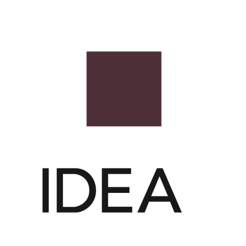 IDEA2 logo animated: A black square splits into red and blue squares, which rotate into diamond shapes that partially overlap, the intersection in black